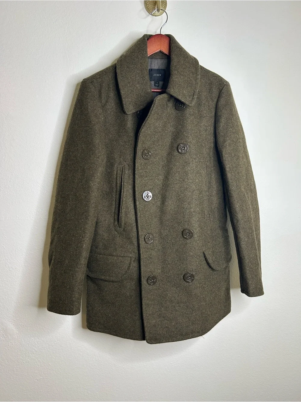 J. Crew 100% Wool Army Green Double Breasted Peacoat Size Small